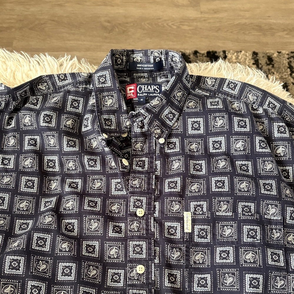 Chaps Navy and White Geometric Print Button-Down Shirt